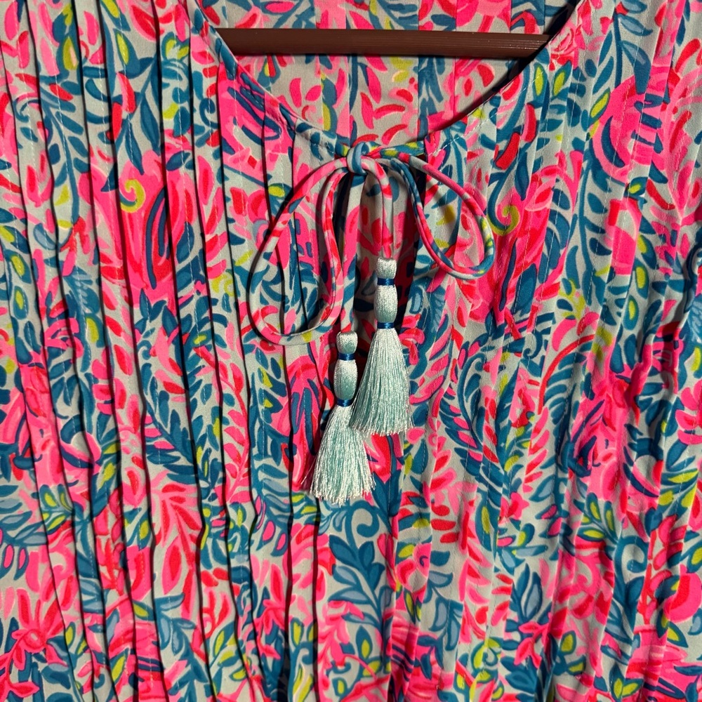 Lilly Pulitzer Turquoise Pink Floral Tassel Peasant Blouse - Picture 5 of 8